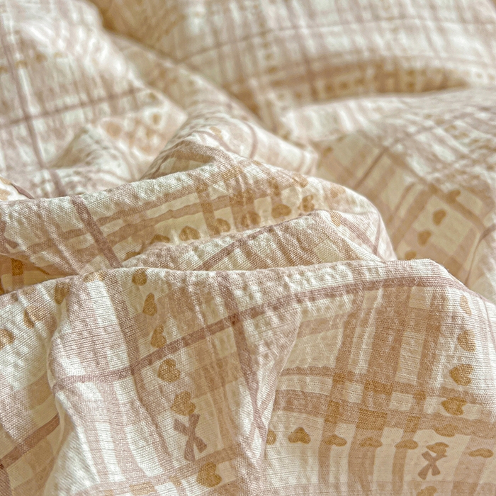 91家纺网 家纺一手货源 找家纺 金梦拉家纺 2025新款提花纱布棉双层纱皱皱纱四件套 咖调蝴蝶结