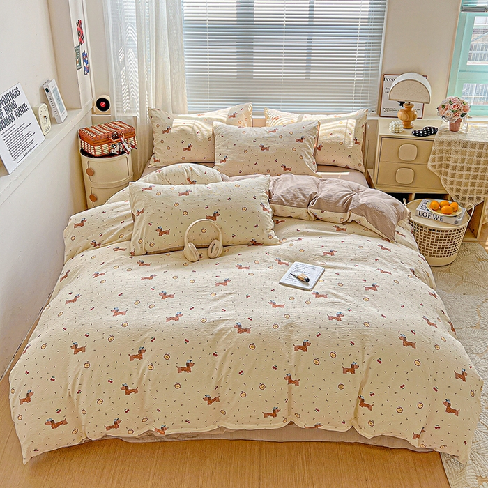 91家纺网 家纺一手货源 找家纺 金梦拉家纺 2025新款提花纱布棉双层纱皱皱纱四件套 快乐狗