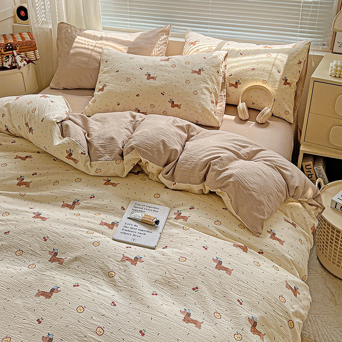 91家纺网 家纺一手货源 找家纺 金梦拉家纺 2025新款提花纱布棉双层纱皱皱纱四件套 快乐狗