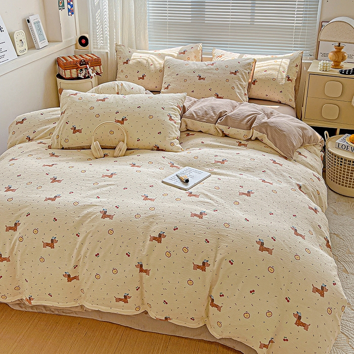 91家纺网 家纺一手货源 找家纺 金梦拉家纺 2025新款提花纱布棉双层纱皱皱纱四件套 快乐狗