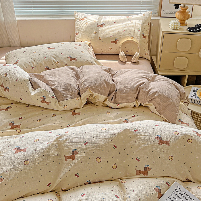 91家纺网 家纺一手货源 找家纺 金梦拉家纺 2025新款提花纱布棉双层纱皱皱纱四件套 快乐狗