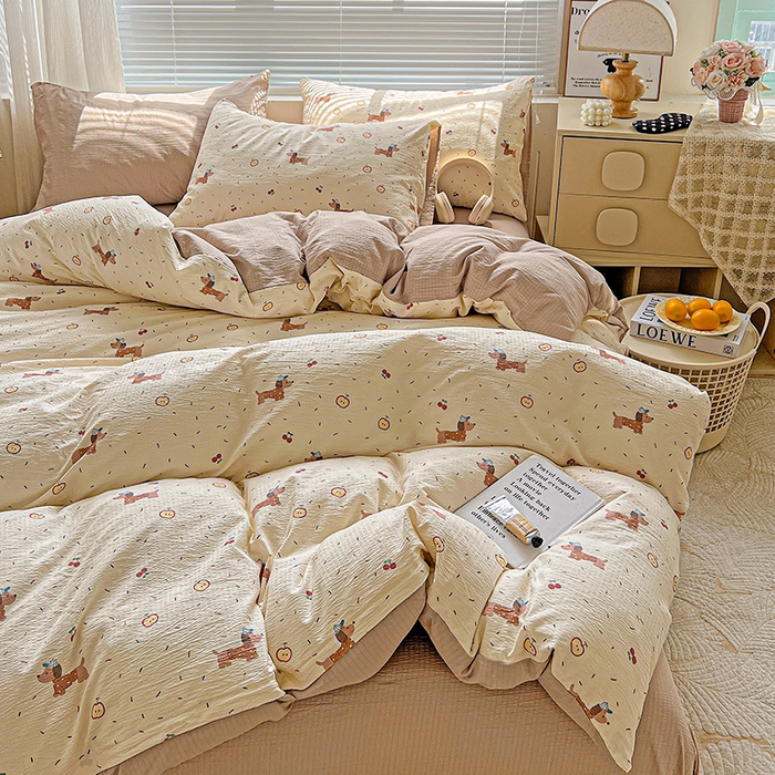 91家纺网 家纺一手货源 找家纺 金梦拉家纺 2025新款提花纱布棉双层纱皱皱纱四件套 快乐狗