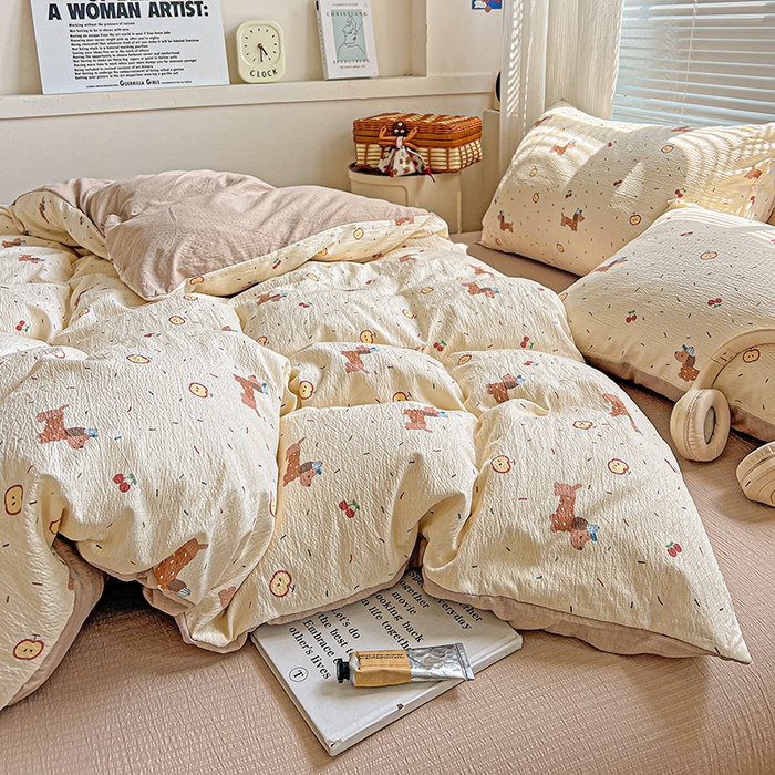 91家纺网 家纺一手货源 找家纺 金梦拉家纺 2025新款提花纱布棉双层纱皱皱纱四件套 快乐狗