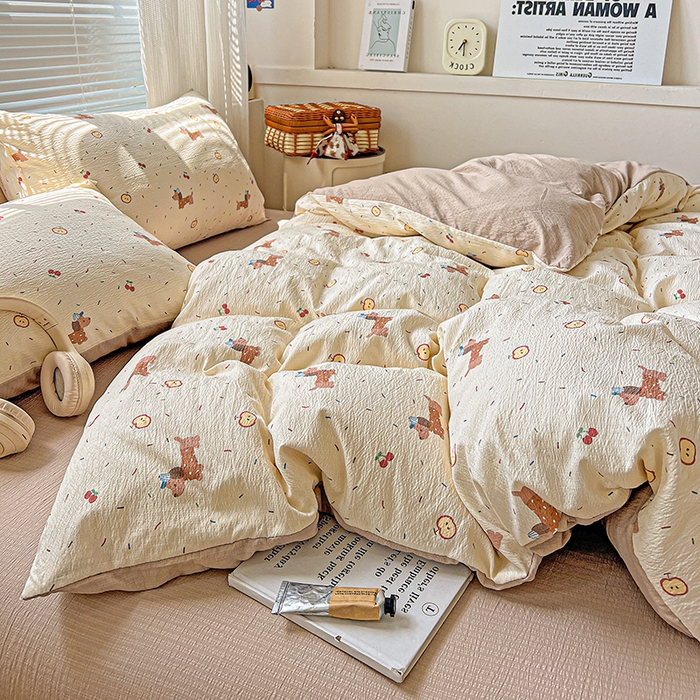 91家纺网 家纺一手货源 找家纺 金梦拉家纺 2025新款提花纱布棉双层纱皱皱纱四件套 快乐狗