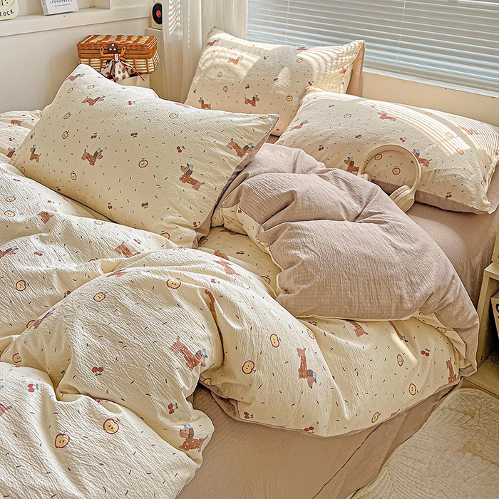 91家纺网 家纺一手货源 找家纺 金梦拉家纺 2025新款提花纱布棉双层纱皱皱纱四件套 快乐狗