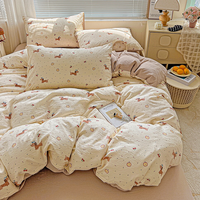 91家纺网 家纺一手货源 找家纺 金梦拉家纺 2025新款提花纱布棉双层纱皱皱纱四件套 快乐狗