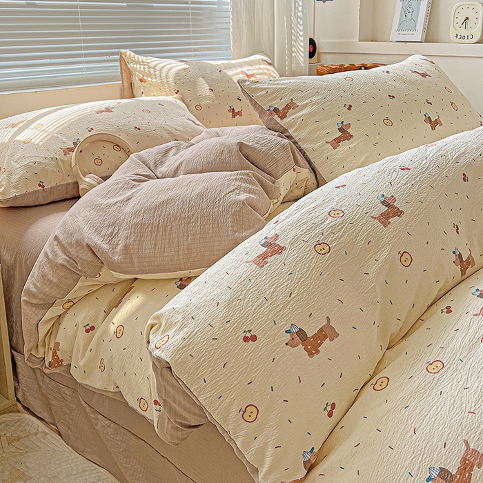 91家纺网 家纺一手货源 找家纺 金梦拉家纺 2025新款提花纱布棉双层纱皱皱纱四件套 快乐狗