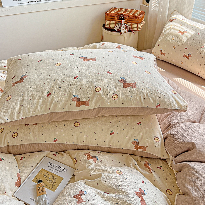 91家纺网 家纺一手货源 找家纺 金梦拉家纺 2025新款提花纱布棉双层纱皱皱纱四件套 快乐狗