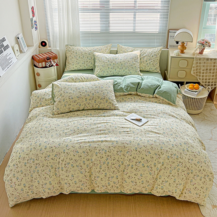 91家纺网 家纺一手货源 找家纺 金梦拉家纺 2025新款提花纱布棉双层纱皱皱纱四件套 绿意