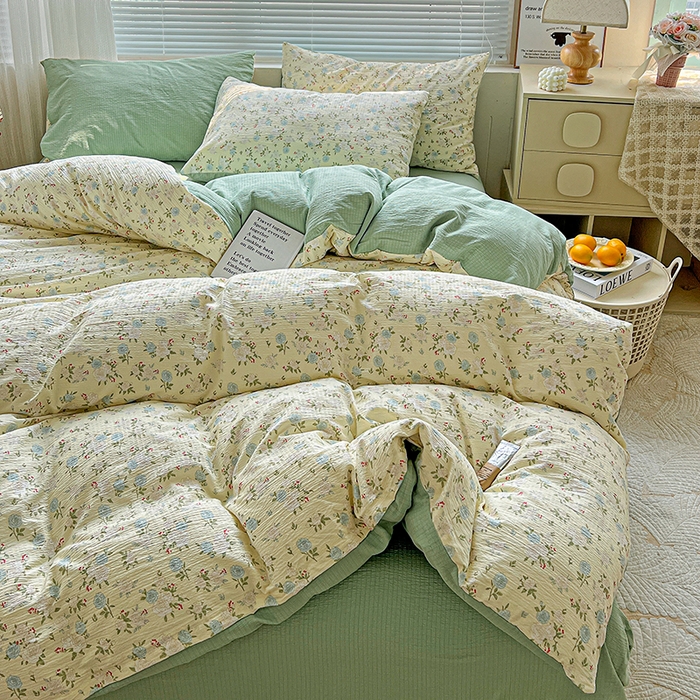 91家纺网 家纺一手货源 找家纺 金梦拉家纺 2025新款提花纱布棉双层纱皱皱纱四件套 绿意