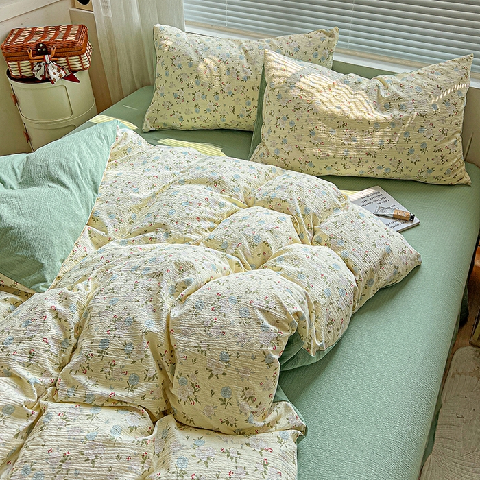 91家纺网 家纺一手货源 找家纺 金梦拉家纺 2025新款提花纱布棉双层纱皱皱纱四件套 绿意