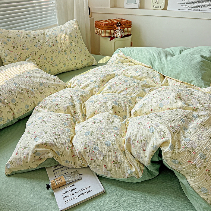 91家纺网 家纺一手货源 找家纺 金梦拉家纺 2025新款提花纱布棉双层纱皱皱纱四件套 绿意