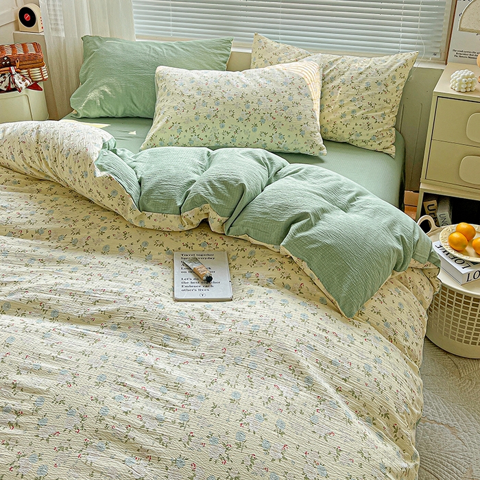 91家纺网 家纺一手货源 找家纺 金梦拉家纺 2025新款提花纱布棉双层纱皱皱纱四件套 绿意