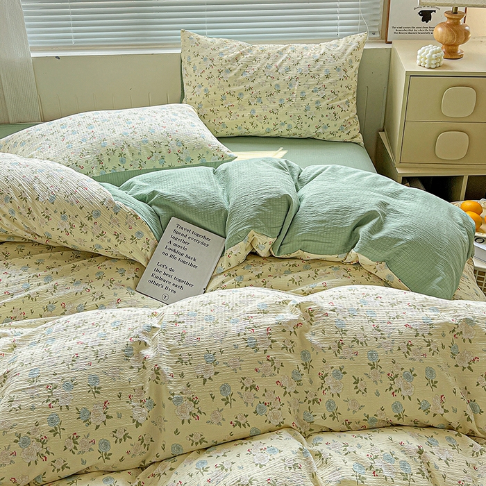 91家纺网 家纺一手货源 找家纺 金梦拉家纺 2025新款提花纱布棉双层纱皱皱纱四件套 绿意