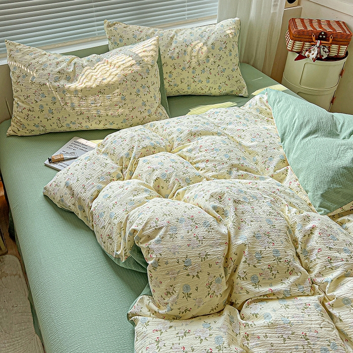 91家纺网 家纺一手货源 找家纺 金梦拉家纺 2025新款提花纱布棉双层纱皱皱纱四件套 绿意