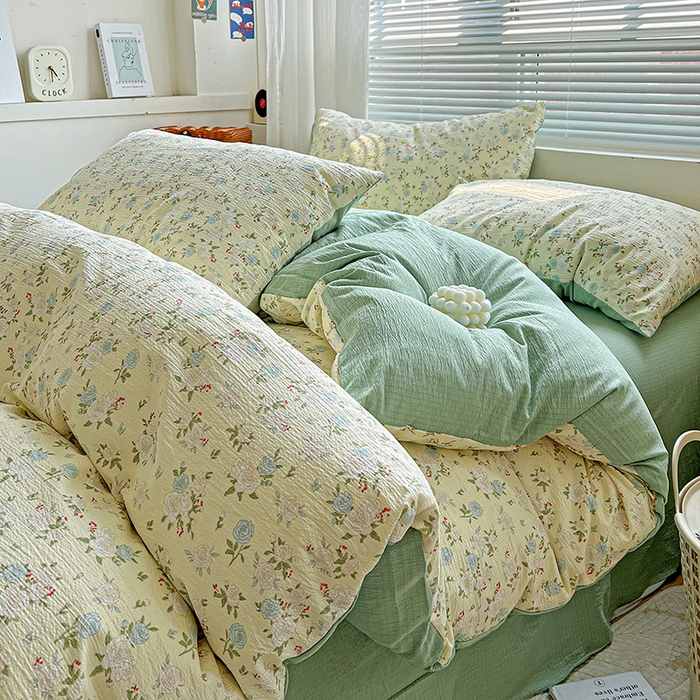 91家纺网 家纺一手货源 找家纺 金梦拉家纺 2025新款提花纱布棉双层纱皱皱纱四件套 绿意