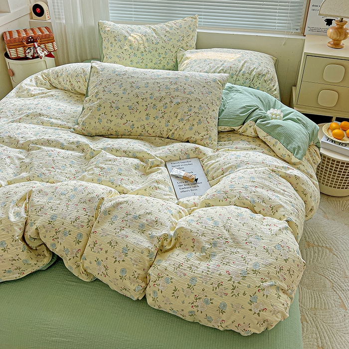 91家纺网 家纺一手货源 找家纺 金梦拉家纺 2025新款提花纱布棉双层纱皱皱纱四件套 绿意