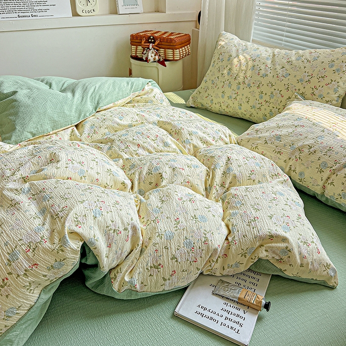 91家纺网 家纺一手货源 找家纺 金梦拉家纺 2025新款提花纱布棉双层纱皱皱纱四件套 绿意