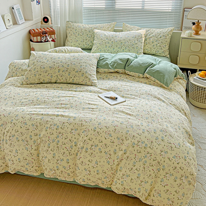 91家纺网 家纺一手货源 找家纺 金梦拉家纺 2025新款提花纱布棉双层纱皱皱纱四件套 绿意