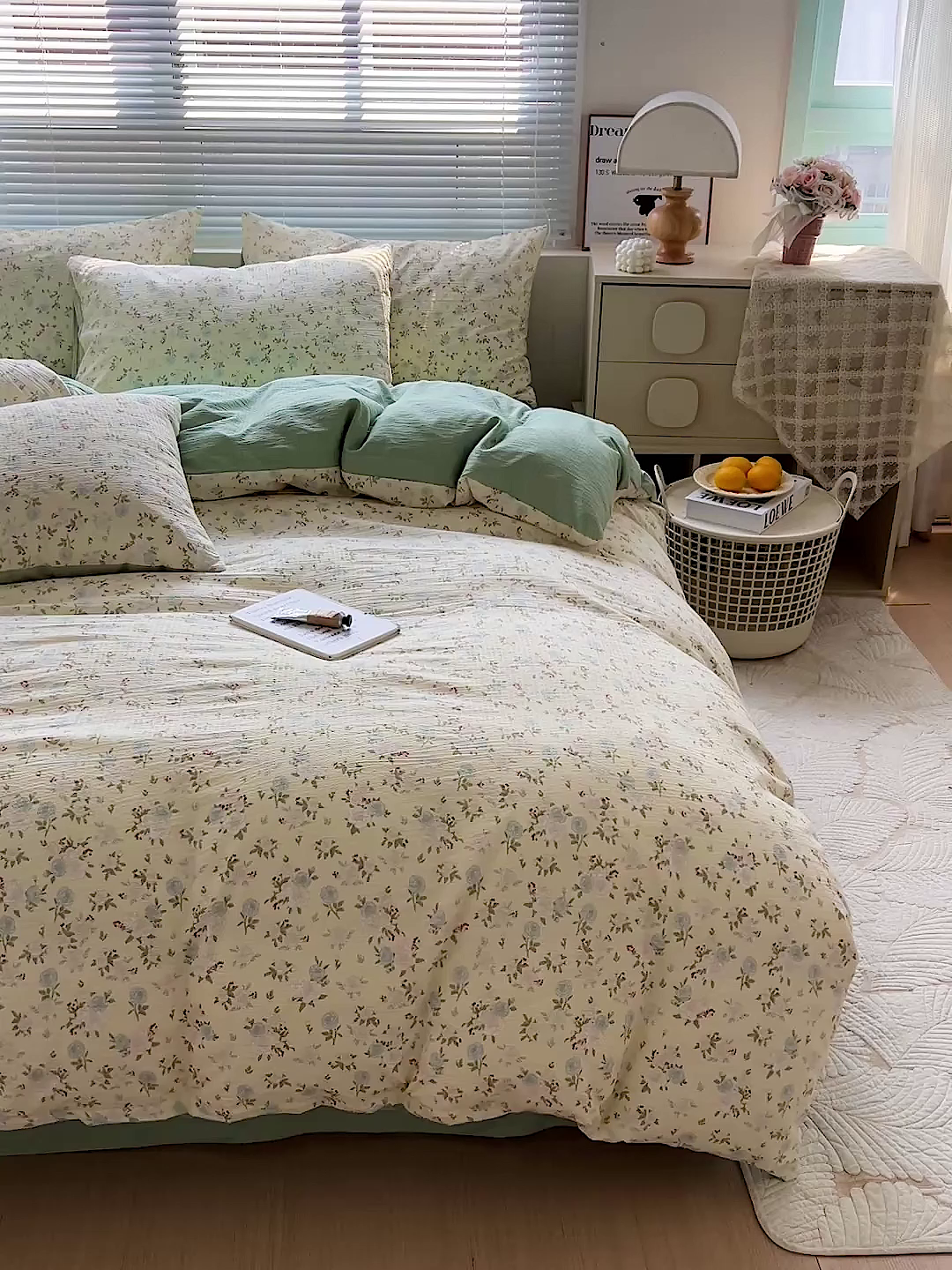 91家纺网 家纺一手货源 找家纺 金梦拉家纺 2025新款提花纱布棉双层纱皱皱纱四件套 绿意