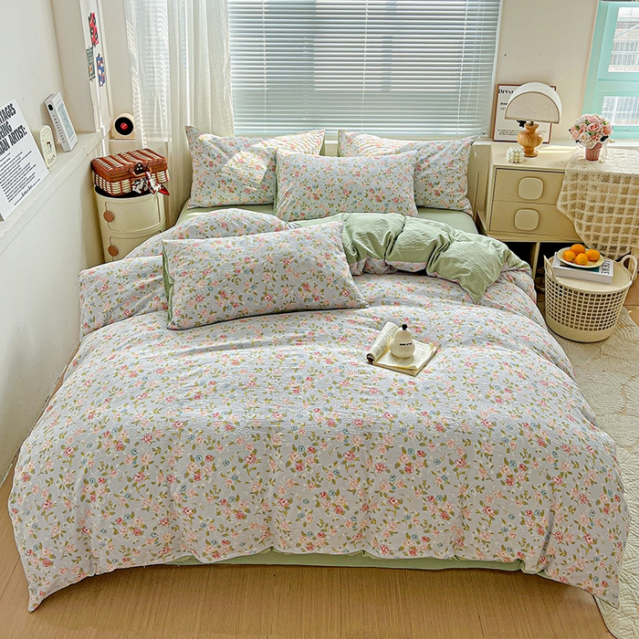 91家纺网 家纺一手货源 找家纺 金梦拉家纺 2025新款提花纱布棉双层纱皱皱纱四件套 绿茵