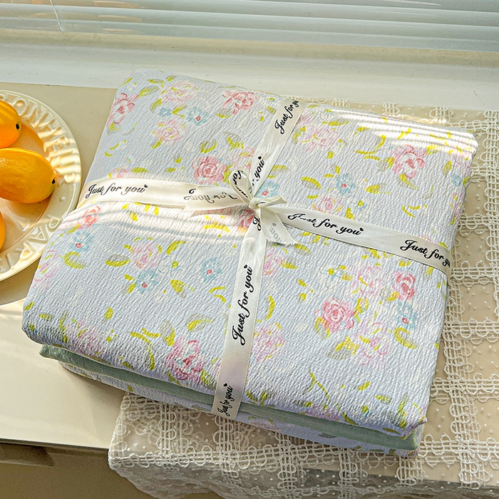 金梦拉家纺 2025新款提花纱布棉双层纱皱皱纱四件套 绿茵