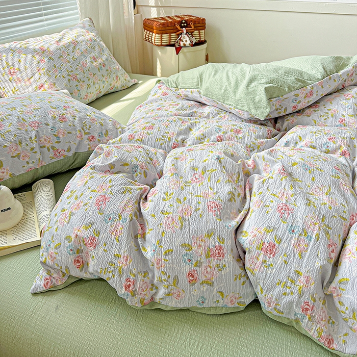 91家纺网 家纺一手货源 找家纺 金梦拉家纺 2025新款提花纱布棉双层纱皱皱纱四件套 绿茵