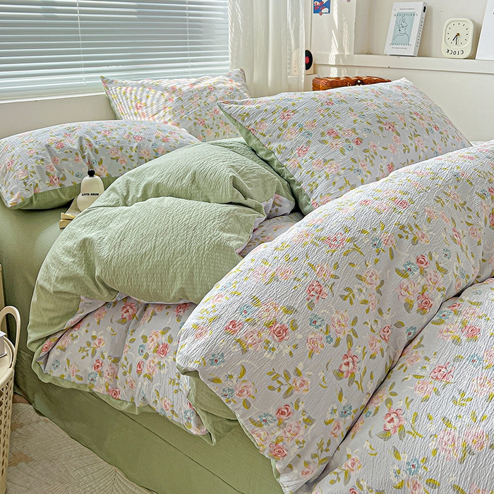 91家纺网 家纺一手货源 找家纺 金梦拉家纺 2025新款提花纱布棉双层纱皱皱纱四件套 绿茵