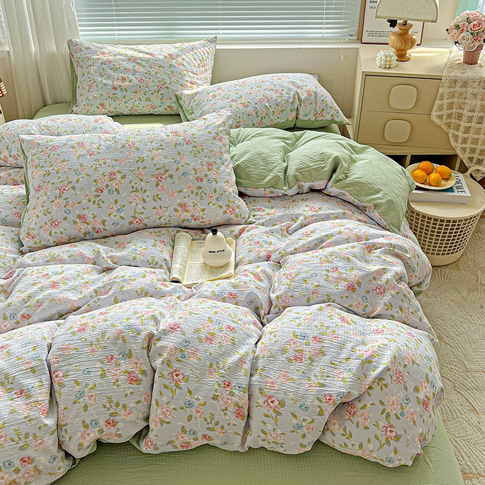 91家纺网 家纺一手货源 找家纺 金梦拉家纺 2025新款提花纱布棉双层纱皱皱纱四件套 绿茵