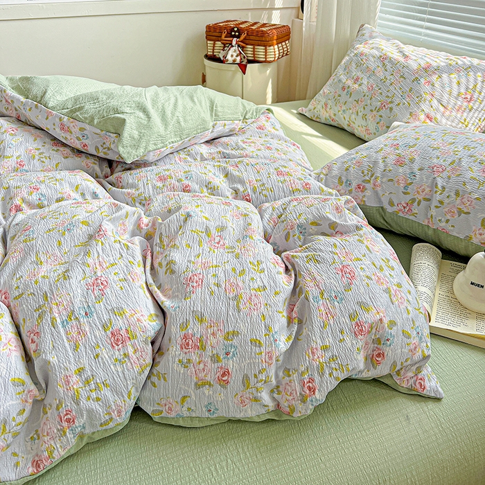 91家纺网 家纺一手货源 找家纺 金梦拉家纺 2025新款提花纱布棉双层纱皱皱纱四件套 绿茵