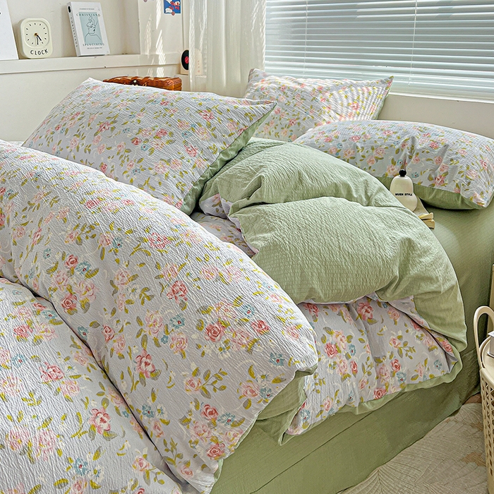 91家纺网 家纺一手货源 找家纺 金梦拉家纺 2025新款提花纱布棉双层纱皱皱纱四件套 绿茵