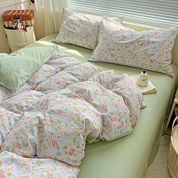 91家纺网 家纺一手货源 找家纺 金梦拉家纺 2025新款提花纱布棉双层纱皱皱纱四件套 绿茵