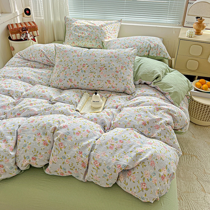 91家纺网 家纺一手货源 找家纺 金梦拉家纺 2025新款提花纱布棉双层纱皱皱纱四件套 绿茵