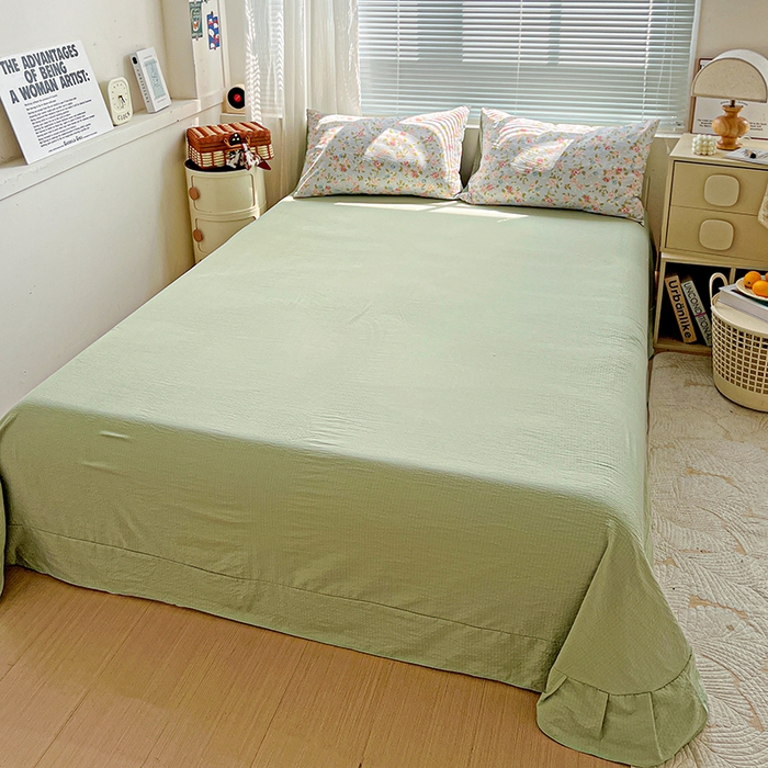 91家纺网 家纺一手货源 找家纺 金梦拉家纺 2025新款提花纱布棉双层纱皱皱纱四件套 绿茵