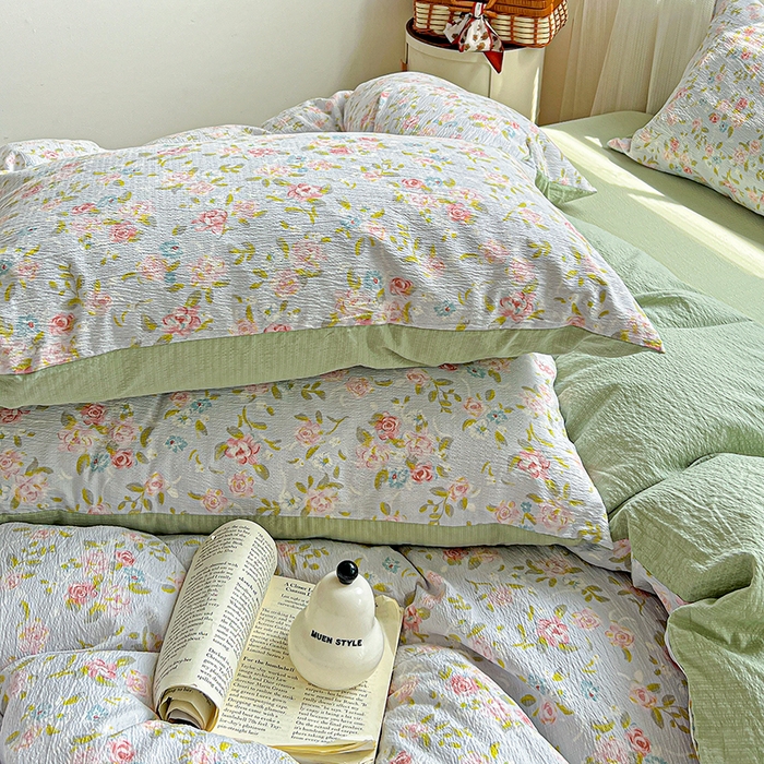 91家纺网 家纺一手货源 找家纺 金梦拉家纺 2025新款提花纱布棉双层纱皱皱纱四件套 绿茵