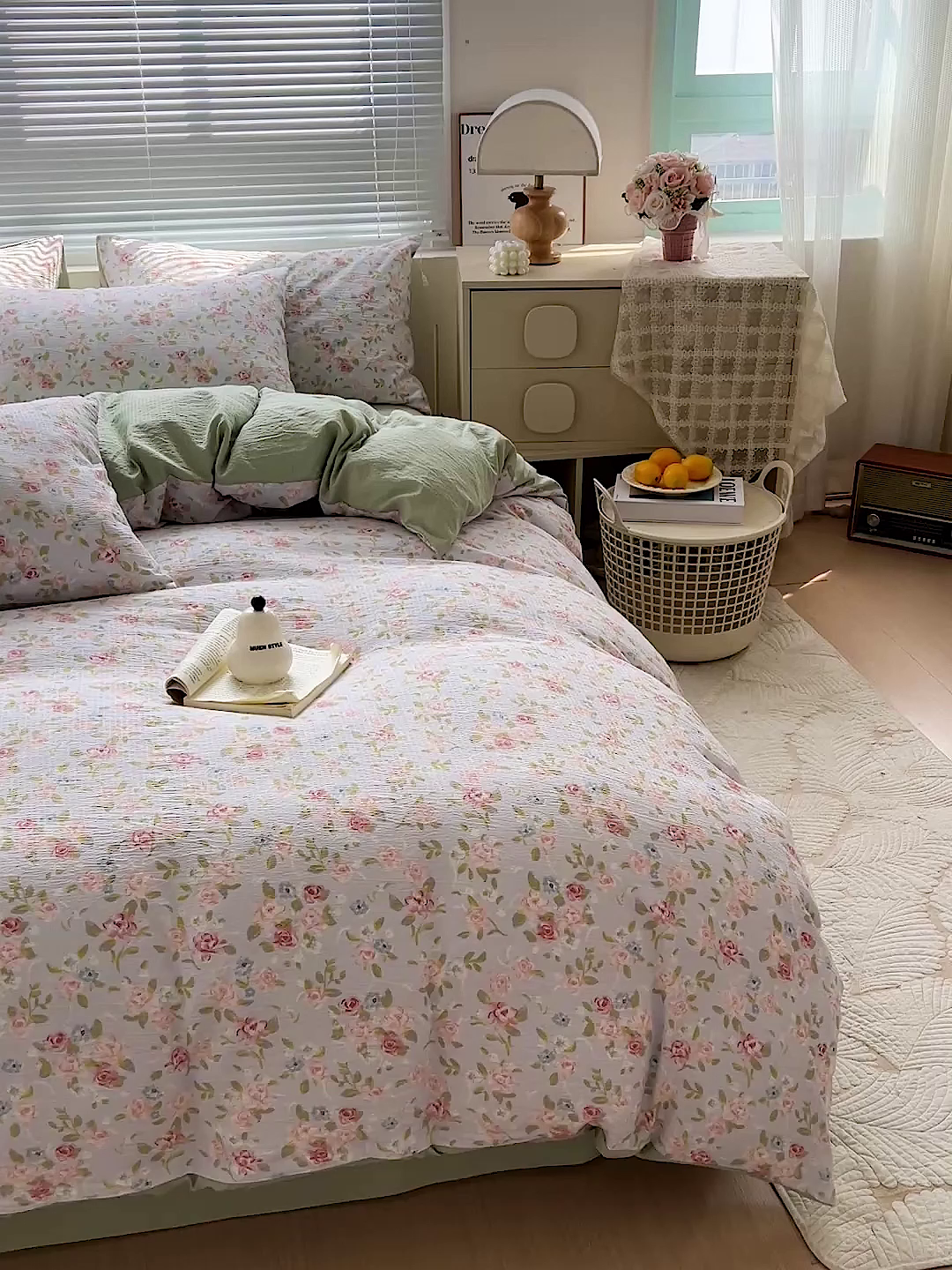 91家纺网 家纺一手货源 找家纺 金梦拉家纺 2025新款提花纱布棉双层纱皱皱纱四件套 绿茵