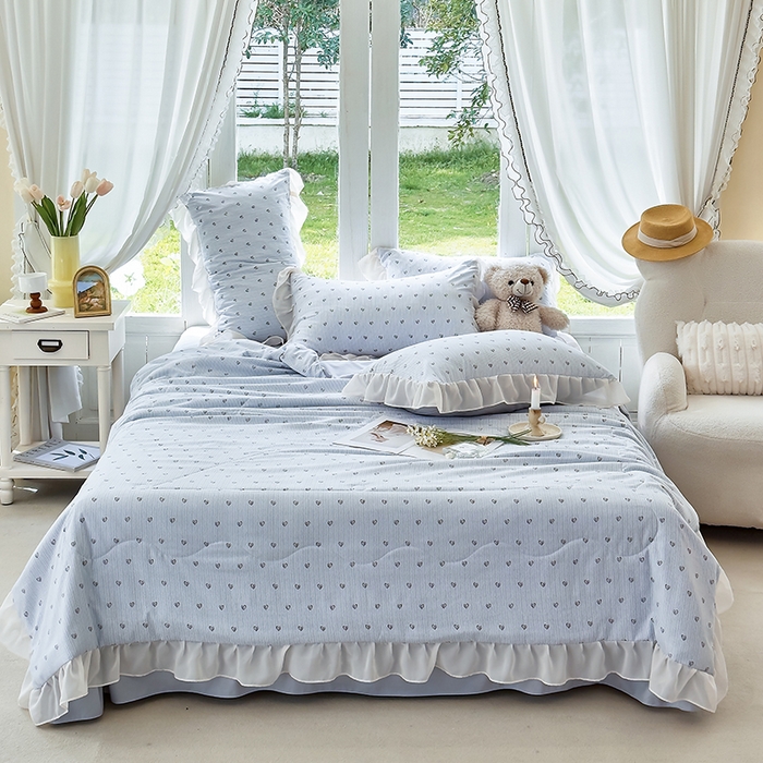 91家纺网 家纺一手货源 找家纺 梦莱斯 2025新款夏被四件套 格子爱心-绿