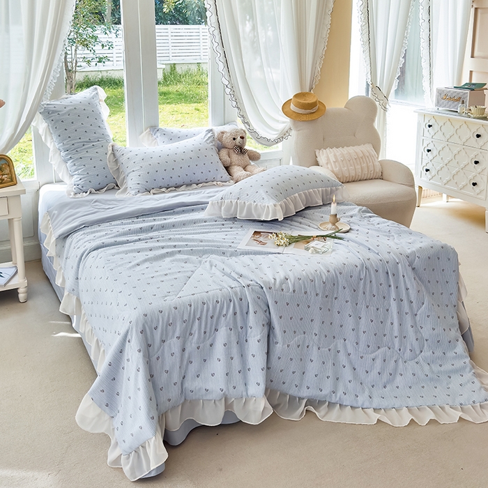 91家纺网 家纺一手货源 找家纺 梦莱斯 2025新款夏被四件套 格子爱心-绿