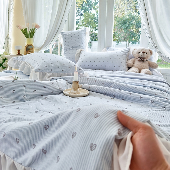 91家纺网 家纺一手货源 找家纺 梦莱斯 2025新款夏被四件套 格子爱心-绿