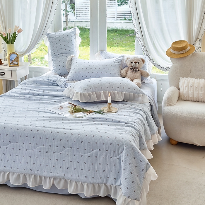 91家纺网 家纺一手货源 找家纺 梦莱斯 2025新款夏被四件套 格子爱心-绿