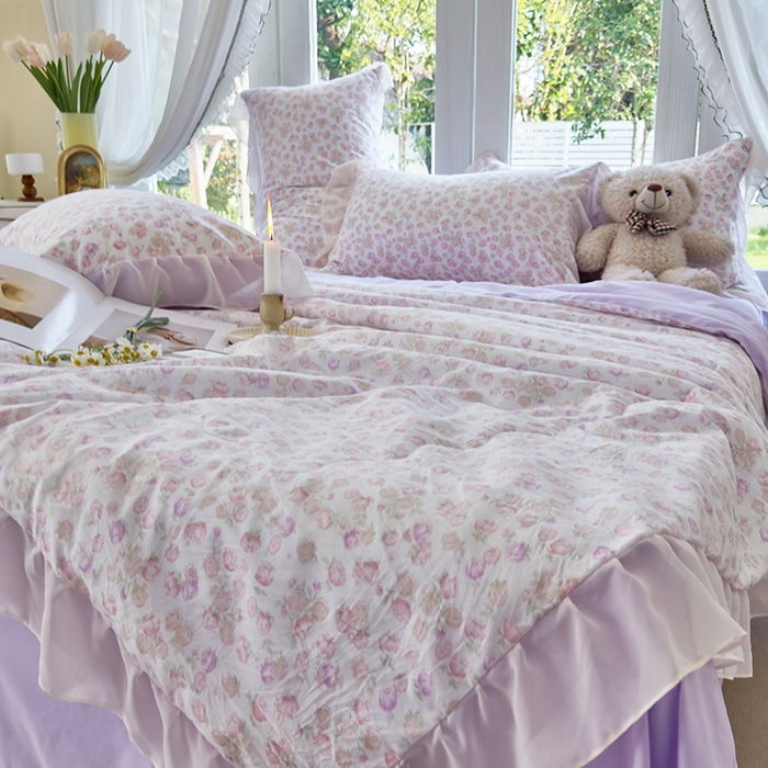 91家纺网 家纺一手货源 找家纺 梦莱斯 2025新款夏被四件套 花丛中-粉