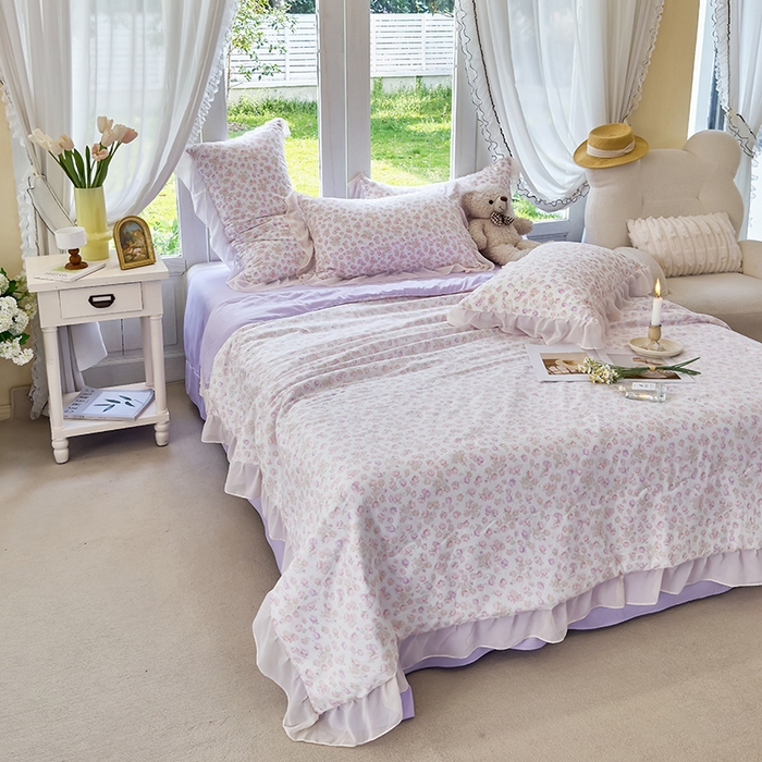 91家纺网 家纺一手货源 找家纺 梦莱斯 2025新款夏被四件套 花丛中-粉