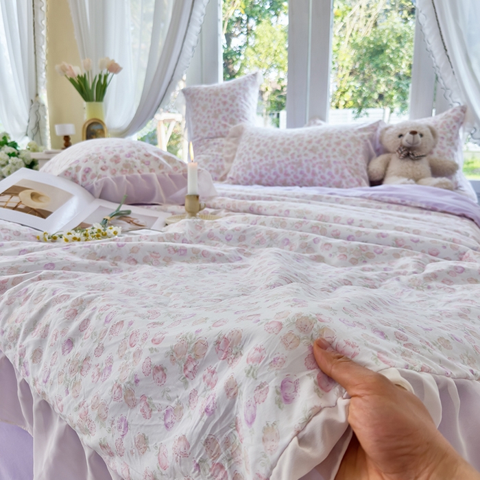 91家纺网 家纺一手货源 找家纺 梦莱斯 2025新款夏被四件套 花丛中-粉
