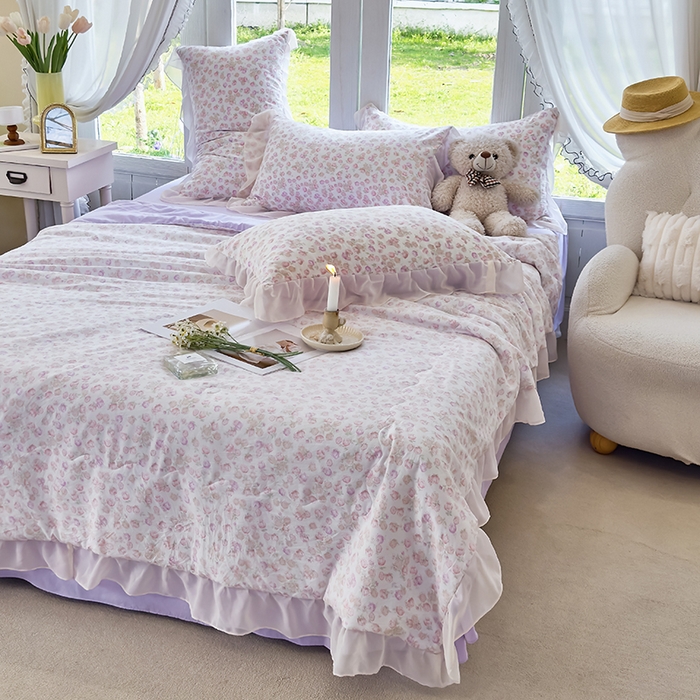 91家纺网 家纺一手货源 找家纺 梦莱斯 2025新款夏被四件套 花丛中-粉