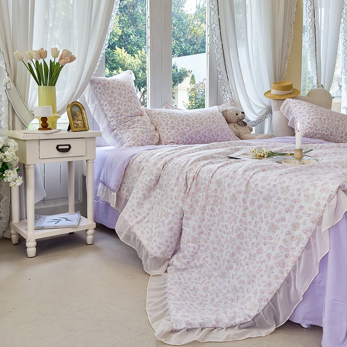 91家纺网 家纺一手货源 找家纺 梦莱斯 2025新款夏被四件套 花丛中-粉