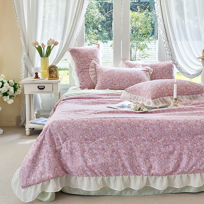 91家纺网 家纺一手货源 找家纺 梦莱斯 2025新款夏被四件套 玫瑰庄园豆沙