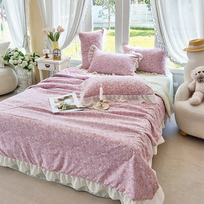 91家纺网 家纺一手货源 找家纺 梦莱斯 2025新款夏被四件套 玫瑰庄园豆沙