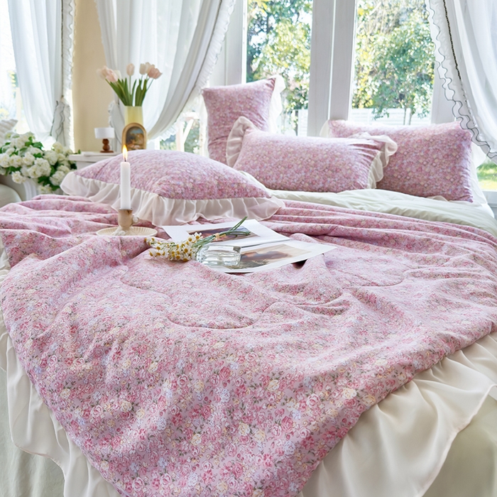 91家纺网 家纺一手货源 找家纺 梦莱斯 2025新款夏被四件套 玫瑰庄园豆沙