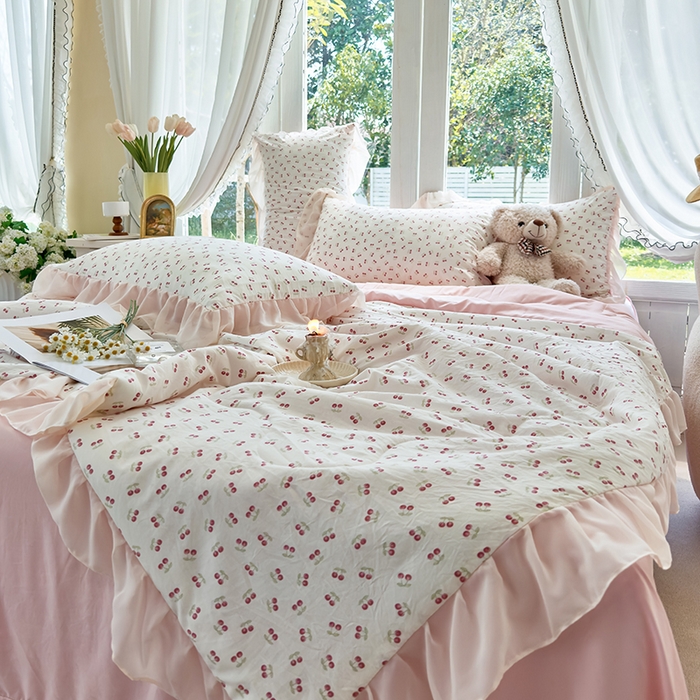 91家纺网 家纺一手货源 找家纺 梦莱斯 2025新款夏被四件套 小樱桃-豆沙