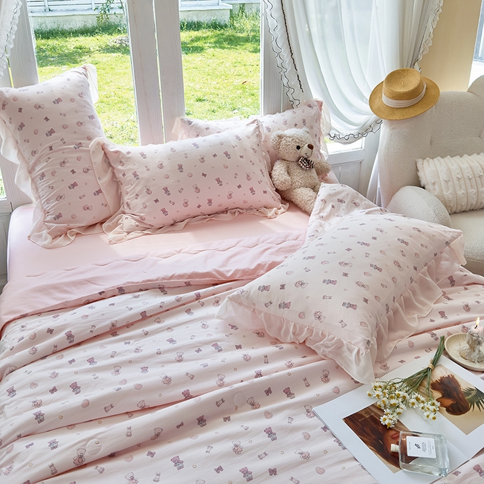 91家纺网 家纺一手货源 找家纺 梦莱斯 2025新款夏被四件套 熊宝宝-粉